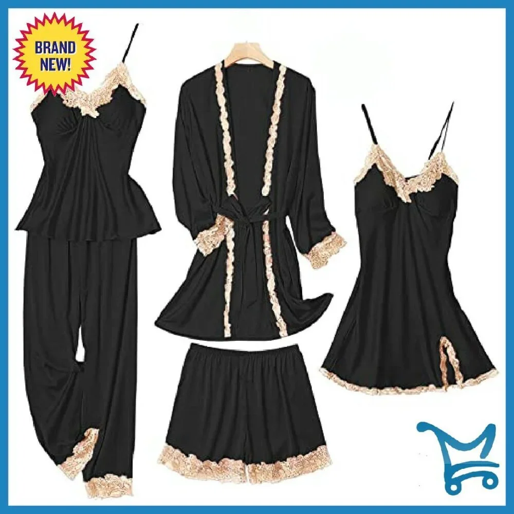 Silk Pajama Set 5-Piece Sleepwear Loungewear Satin Soft